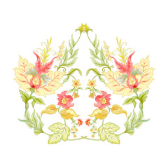Fantasy flowers in retro, vintage, jacobean embroidery style. Embroidery for neckline. Colored vector illustration..