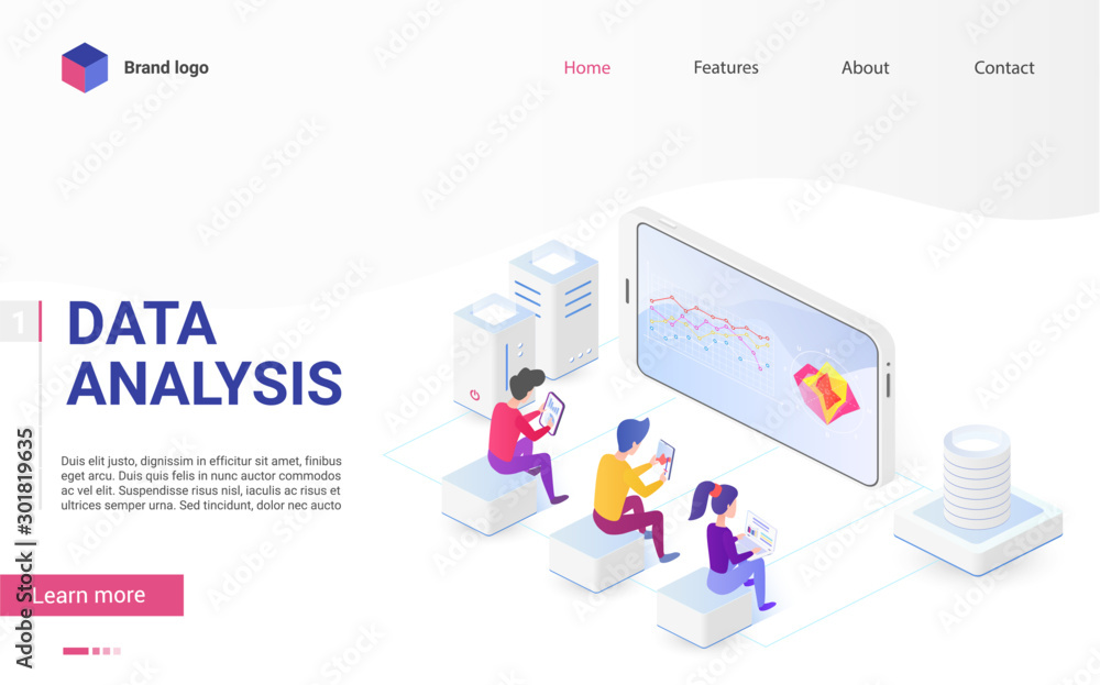 Fototapete Data analysis and visualization isometric landing page vector template. Usability testing and user experience. Big data, it industry, statistics, web analytics, website traffic webpage design layout