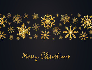 Christmas background with glitter gold snowflakes and hand lettering. Shining tape with golden snowflakes. Merry Christmas Happy New Year banner. Luxury festive greeting card. Vector Illustration