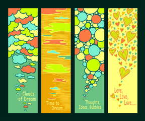 Set of abstract hand drawn banners or bookmarks with clouds bubbles and hearts in blue yellow red green retro colors for   Concept of ideas dreams and love