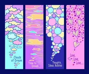 Set of abstract hand drawn banners or bookmarks with clouds bubbles and hearts in blue yellow pink lilac retro colors for   Concept of ideas dreams and love