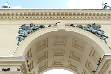 Fototapeta premium part of a beautiful, carved symmetrical, ornate arch on an old building at the Maximillian strasse in Munich, Bavaria