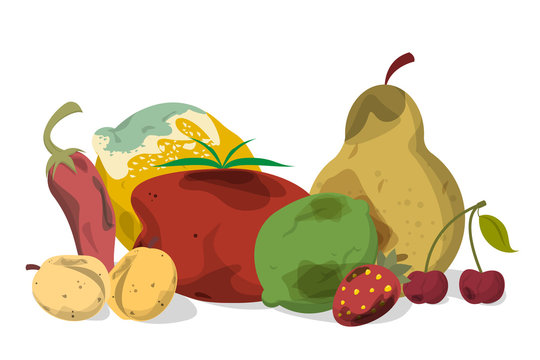 Rotten vegetable and fruit vector isolated. Food waste