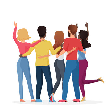 Diverse friend group of people hugging together, adolescent unity. Back view of man and woman friends standing together, embracing each other, waving hands vector illustration
