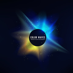 Radial color sound wave curve with light particles. Colorful equalizer visualisation. Abstract colorful cover for music poster and banner. Vector background