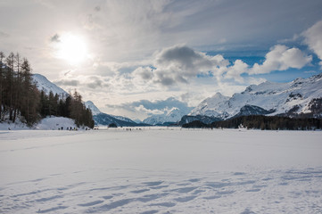 Sils, Silsersee, Langlauf, Langlaufloipe, Winter, Wintersport, Oberengadin, Alpen, piz  da la margna, Maloja, Graubünden, Schweiz