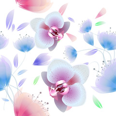 Naklejka na ściany i meble The seamless background is beautiful pink and blue flowers with orchids. Vector