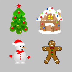 Christmas cartoon vector design elements set. Snowman, gingerbread house, gingerbread man, christmas tree
