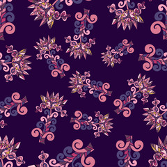 Modern seamless vector botanical with flower on dark background. Can be used for printing on paper, stickers, badges, bijouterie, cards, textiles. 