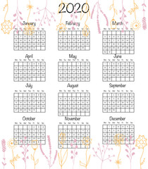 Fototapeta na wymiar Calendar design for 2020 in minimal simple hand drawn floral style. Vector illustration print template isolated on white. Week starts from Monday