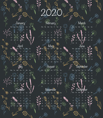 Calendar design for 2020 in minimal simple hand drawn floral style. Vector illustration print template isolated on black. Week starts from Monday