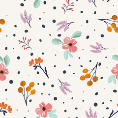 Fototapeta premium Watercolor flower pattern. Textile print. Polka-dot.
