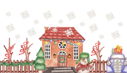 Christmas house and snowman