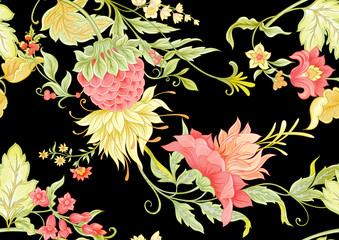 Fototapeta na wymiar Fantasy flowers in retro, vintage, jacobean embroidery style. Seamless pattern, background. Colored vector illustration. Isolated on black background..