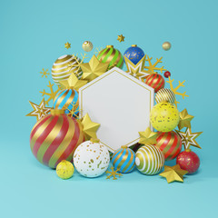 white hexagon wreath with x'mas and new year ornaments. gold fancy ball , star, on blue background. 3d render.