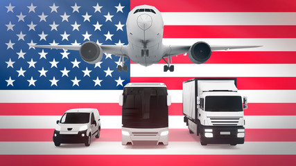 USA logistics concept 3d illustration. National flag of USA from the back of airplane, truck and delivery van