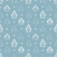 Christmas background. Seamless winter pattern with beautiful Christmas houses. White silhouettes of fabulous buildings, fir trees and snowflakes on a blue background. Vector illustration