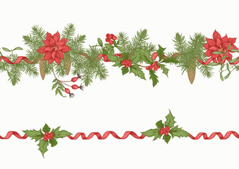 Christmas wreath of spruce, pine and poinsettia. Seamless pattern, background. Graphic drawing, engraving style vector illustration