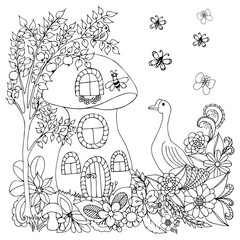 Vector illustration goose near a house in flowers. Coloring book anti-stress for adults. Black and white.