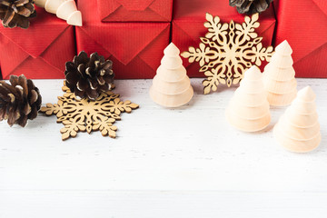 Natural wooden decoration for winter holidays. Christmas or New Year background with copy space