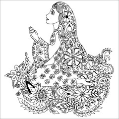 Vector illustration girl kneeling in flowers. Coloring book anti-stress for adults. Black and white.