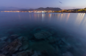 Panoramic view on the beach in Crete in the evening. Long exposure.