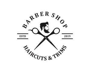 Barber shop logo template. Handsome man with beard and mustache. Scissors. Barber shop symbol.