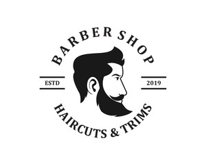 Barber shop logo template. Handsome man with beard and mustache. Scissors. Barber shop symbol.