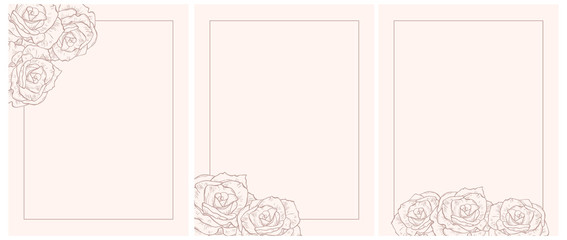 Set of 3 Roses Vector Illustration. Light Brown Sketched Rose Flowers in Simple Frame Isolated on a Light Blush Pink Background.Lovely Elegant Cards. Floral Hand Drawn Arts. Illustration Without Text.