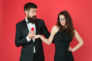 Asking for her hand. Bearded man make marriage proposal to sexy woman. Boyfriend ask girlfriend in marriage. Couple in love. Marriage and family. Marriage comes by destiny