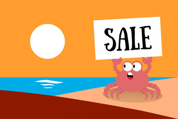Cute cartoon crab holds sign with inscription Sale on background of sunset and sea. Beach banner for travel agencies, shops