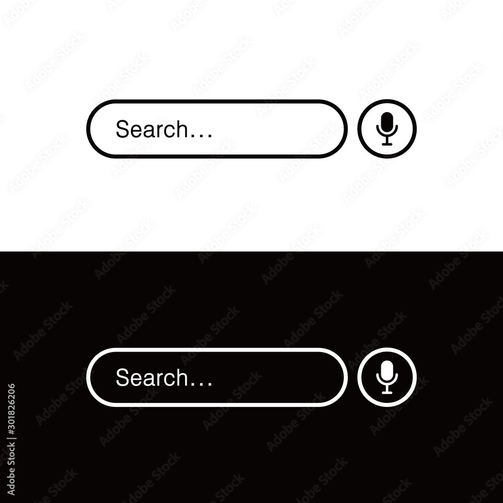 Poster web search bars with includes with microphone icon in black and white background