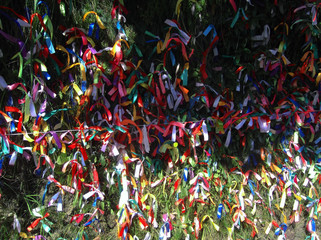 Abkhazia. Lake Ritsa. waterfall girlish tears. Day of colorful ribbons. Maypole tree. Holiday on April 6th.