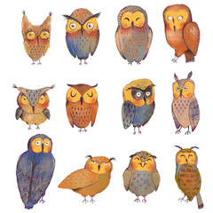 Colorful set with illustrations of cute owls isolated on white background. Can be used as elemets for your design for greeting cards, nursery, poster, card, birthday party, packaging paper design
