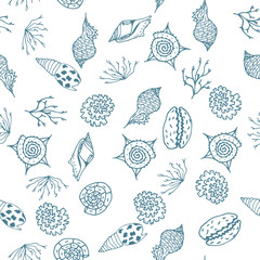 seamless pattern with seashells and seaweed. wild nature. cool for cards, invitations, party, banners, baby shower, preschool and children room decoration.Textile rapport in blue and white colors.