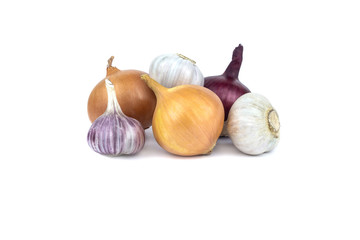 Fresh onion and garlic white background