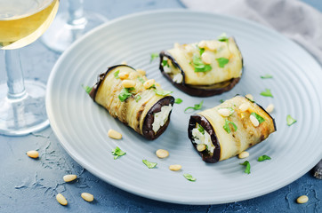 Rice pine nuts cilantro goat cheese stuffed eggplant rolls