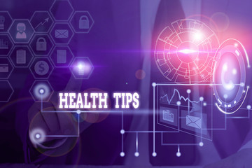 Conceptual hand writing showing Health Tips. Concept meaning advice or information given to be helpful in being healthy Picture photo network scheme with modern smart device