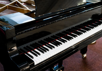 Close-up view of royal grand piano keys.