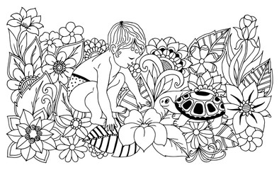 Vector illustration baby in flowers playing with a turtle. Doodle drawing. Meditative exercises. Coloring book anti stress for adults. Black and white.