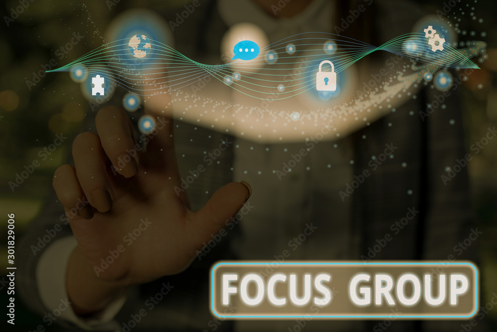 Poster handwriting text focus group. conceptual photo showing assembled to participate in discussion about 