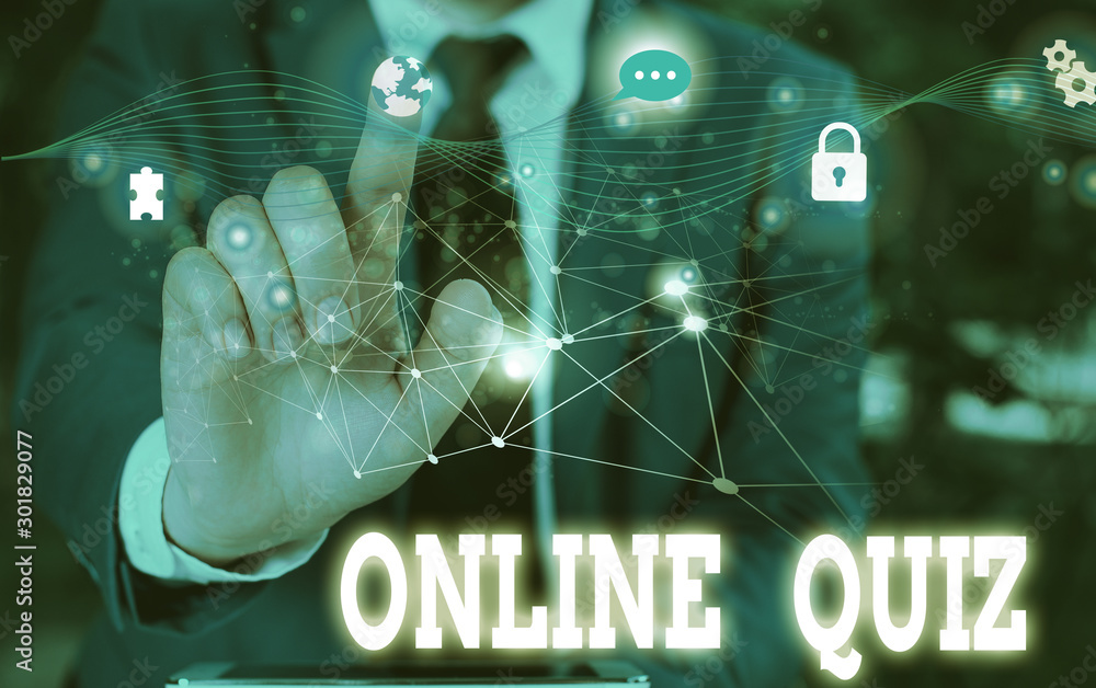 Fototapete writing note showing online quiz. business concept for game or a mind sport that are published on th