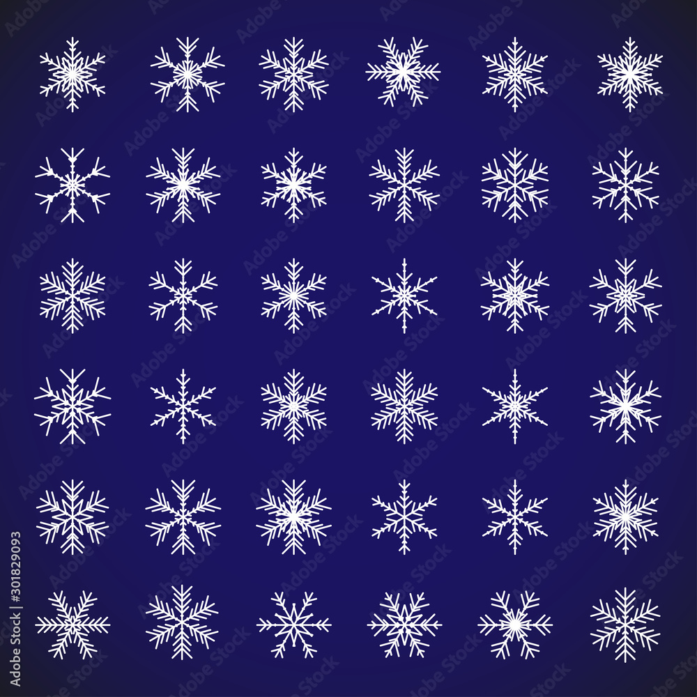Poster white snow symbol. vector set of isolated snowflakes. collection of white snow flakes on blue backgr