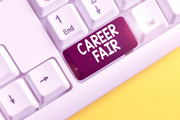 Word writing text Career Fair. Business photo showcasing an event at which job seekers can meet possible employers White pc keyboard with empty note paper above white background key copy space