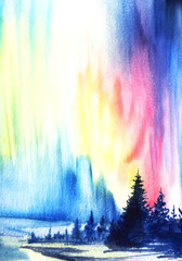 Winter background. scenery. Northern Lights. Aurora borealis. Dark blue silhouettes of slender fir trees against a shining sky. Multicolor gradient. River. Hand drawn watercolor illustration
