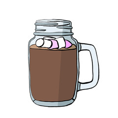 Mason Jar of cocoa and a cup of coffee with marshmallows for a cafe menu in the vector drink for children isolated