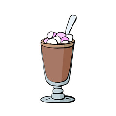 Glass of cocoa with a spoon and a cup of coffee with marshmallows for a cafe menu in the vector isolated
