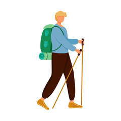 Boy with hiking sticks flat vector illustration. Camping activity. Cheap travelling choice. Active vacation. Budget tourism. Walking tour isolated cartoon character on white background