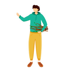 Boy collects firewood flat vector illustration. Camping activity, creating fire. Cheap travel choice. Active vacation. Budget tourism. Staying in forest isolated cartoon character on white background