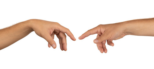 Human hands pulling one to another isolated on white